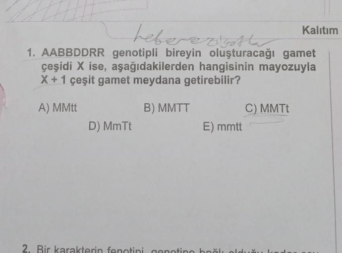 Leberezisother..
1. AABBDDRR genotipli bireyin oluşturacağı gamet
çeşidi X ise, aşağıdakilerden hangisinin mayozuyla
X + 1 çeşit gamet meydana getirebilir?
A) MMtt
B) MMTT
D) MmTt
E) mmtt
C) MMTt
2. Bir karakterin fenotini genoting bağlı olduğu
Kalıtım