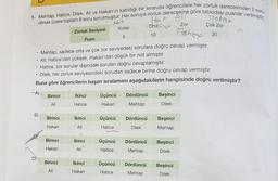 1. Mehtap, Hatice, Dilek, Ali ve Hakan'ın katıldığı bir sınavda öğrencilere her zorluk derecesinden 2 soru
olmak üzere toplam 8 soru sorulmuştur. Her soruya zorluk derecesine göre tablodaki puanlar verilmiştir.
Hat Ali
Ottah ap
10
Zor
Mshty
.
B)
• Mehtap, sadece orta ve çok zor seviyedeki sorulara doğru cevap vermiştir.
Ali; Hatice'den yüksek, Hakan'dan düşük bir not almıştır.
D)
• Hatice, zor sorular dışındaki soruları doğru cevaplamıştır.
Dilek, her zorluk seviyesindeki sorudan sadece birine doğru cevap vermiştir.
Buna göre öğrencilerin başarı sıralaması aşağıdakilerin hangisinde doğru verilmiştir?
Birinci
Ali
Birinci
Hakan
Zorluk Seviyesi
Birinci
Hakan
Birinci
Ali
Puan
İkinci Üçüncü Dördüncü Beşinci
Hatice
Hakan
Mehtap
Dilek
İkinci
Ali
İkinci
Ali
Heit
Kolay
5
A
İkinci
Hakan
Üçüncü
Hatice
Üçüncü
Hatice
Üçüncü
Hatice
Dördüncü
Dilek
Dördüncü
Mehtap
Dördüncü
Mehtap
Beşinci
Mehtap
Hakan
Çok Zor
20
Beşinci
Dilek
Beşinci
Dilek