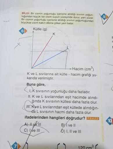 BİLGİ: Bir cismin yoğunluğu içerisine atıldığı sıvının yoğun-
luğundan küçük ise cisim suyun yüzeyinde durur, yani yüzer.
Bir cismin yoğunluğu içerisine atıldığı sıvının yoğunluğundan
büyükse cisim kabın dibine çöker yani batar.
Kütle (g)
6
K
>Hacim (cm³)
