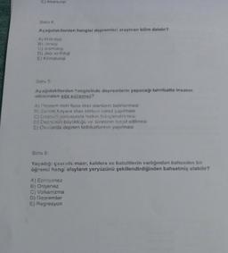 E) Akarsular
Soru 4:
Aşağıdakilerden hangisi depremleri araştıran bilim dalıdır?
A) Hidroloji
B) Jenioji
C) Sismoloji
D) Jeomorfoloji
E) Klimatoloji
Soru 5-
Aşağıdakilerden hangisinde depremlerin yapacağı tahribatta insanın
etkisinden söz edilemez?
A) Deprem riski fazia olan alanların belirlenmesi
Si Zemini kayalik olan yerlere konut yapılması
C) Deprem konusunda halkın blinçlendirilmesi
D) Depremin büyüklüğü ve süresinin tespit edilmesi
E) Okuliarda deprem tatbikatlarının yapılması
Soru 6:
Yaşadığı çevrede maar, kaldera ve batolitlerin varlığından bahseden bir
öğrenci hangi olayların yeryüzünü şekillendirdiğinden bahsetmiş olabilir?
A) Epirojenez
B) Orojenez
C) Volkanizma
D) Depremler
E) Regresyon