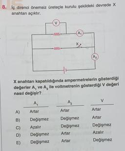 8. İç direnci önemsiz üreteçle kurulu şekildeki devrede X
anahtarı açıktır.
A)
B)
C)
D)
E)
A₁
Artar
V
Değişmez
Azalır
Değişmez
Değişmez
X anahtarı kapatıldığında ampermetrelerin gösterdiği
değerler A, ve Aile voltmetrenin gösterdiği V değeri
nasıl değişir?
A₂
A₁
Artar
x₂
(A₂)
Değişmez
Değişmez
Artar
Artar
V
Artar
Artar
Değişmez
Azalır
Değişmez