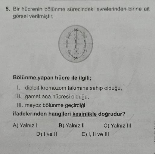 5. Bir hücrenin bölünme sürecindeki evrelerinden birine ait
görsel verilmiştir.
A) Yalnız I
&
Bölünme yapan hücre ile ilgili;
I. diploit kromozom takımına sahip olduğu,
II. gamet ana hücresi olduğu,
III. mayoz bölünme geçirdiği
ifadelerinden hangileri kesi