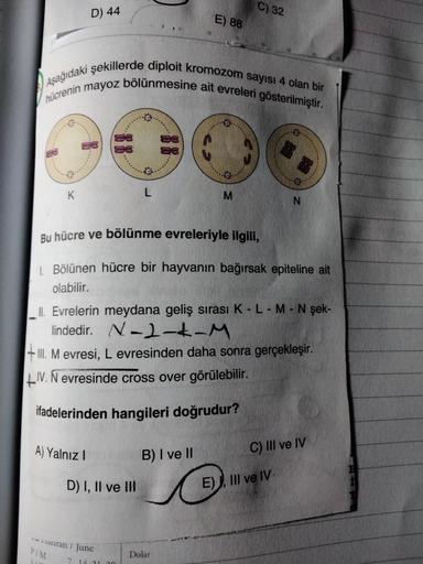 K
D) 44
Aşağıdaki şekillerde diploit kromozom sayısı 4 olan bir
hücrenin mayoz bölünmesine ait evreleri gösterilmiştir.
88
88
A) Yalnız I
P/M
SUT
L
D) I, II ve III
aziran / June
7.14.21. 20
E) 88
Bu hücre ve bölünme evreleriyle ilgili,
1. Bölünen hücre bir