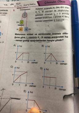 neklerde
in ivme-
F
ya da sbt
Y
3.
hitla horales
V
0
exever..
2m
m K M 2m
C) A hiz
Makaranın kütlesi ve sürtünmeler önemsiz oldu-
ğuna göre, L cisminin 0 - 2t zaman aralığındaki hız
-zaman grafiği aşağıdakilerden hangisi gibidir?
A) A hiz
B) A hiz
7
0t 2t zaman
t
Çözmeden Olmaz
Kütleleri sırasıyla m, 2m, 2m olan
K, L, M cisimleri ile oluşturulan
= 0 anında
şekildeki düzenek to
serbest bırakılıyor. t anında K ile L
cisimleri arasındaki ip kopuyor.
$4
2t zaman
E) A hiz
O
0 t
D) A hiz
>>
0 t
21 70
2t zaman
2t zaman