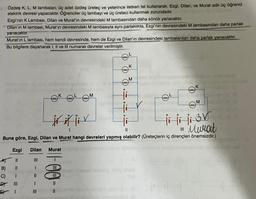 Özdeş K, L, M lambalan, üç adet özdeş üreteç ve yeterince iletken tel kullanarak, Ezgi, Dilan, ve Murat adlı üç öğrenci
elektrik devresi yapacaktır. Öğrenciler üç lambayı ve üç üreteci kullanmak zorundadır.
Ezgi'nin K Lambası, Dilan ve Murat'ın devresindeki M lambasından daha sönük yanacaktır.
Dilan'ın M lambası, Murat'ın devresindeki M lambasıyla aynı parlaklıkta, Ezgi'nin devresindeki M lambasından daha parlak
yanacaktır.
Murat'ın L lambası, hem kendi devresinde, hem de Ezgi ve Dilan'ın devresindeki lambalardan daha parlak yanacaktır.
Bu bilgilere dayanarak I, II ve III numaralı devreler verilmiştir.
Ezgi
AT 11
B)
C)
I
DY III
5 1
ww
III
I
1-00-
ww
11
M
funt
K
funt
fww
M
i
ww
ji ji ji GV
Murat
||
|||
Buna göre, Ezgi, Dilan ve Murat hangi devreleri yapmış olabilir? (Üreteçlerin iç dirençleri önemsizdir.)
Dilan Murat
www
fww
K
M