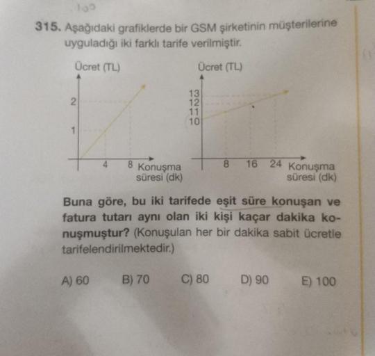 100
315. Aşağıdaki grafiklerde bir GSM şirketinin müşterilerine
uyguladığı iki farklı tarife verilmiştir.
Ücret (TL)
Ücret (TL)
2
1
8
A) 60
Konuşma
süresi (dk)
13
12
B) 70
3210
11
10
8
Buna göre, bu iki tarifede eşit süre konuşan ve
fatura tutarı aynı olan