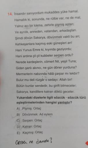 14. İnsandır sanıyordum mukaddes yüke hamal.
Hamallık ki, sonunda, ne rütbe var, ne de mal,
Yalnız acı bir lokma, zehirle pişmiş aştan;
Ve ayrılık, anneden, vatandan, arkadaştan.
Şimdi dövün Sakarya, dövünmek vakti bu an;
Kehkeşanlara kaçmış eski güneşleri