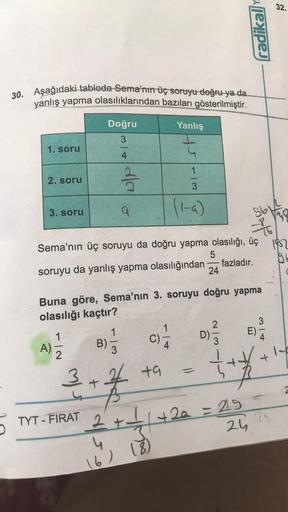 30. Aşağıdaki tabloda Sema'nın üç soruyu doğru ya da
yanlış yapma olasılıklarından bazıları gösterilmiştir.
Doğru
Yanlış
1. soru
2. soru
3. soru
A)
1
- IN
2
Sema'nın üç soruyu da doğru yapma olasılığı, üç
soruyu da yanlış yapma olasılığından
fazladır.
r/w