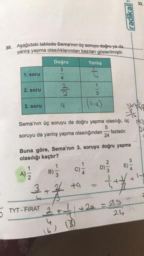 30. Aşağıdaki tabloda Sema'nın üç soruyu doğru ya da
yanlış yapma olasılıklarından bazıları gösterilmiştir.
Doğru
Yanlış
1. soru
2. soru
3. soru
A)
1
- IN
2
Sema'nın üç soruyu da doğru yapma olasılığı, üç
soruyu da yanlış yapma olasılığından
fazladır.
r/w
