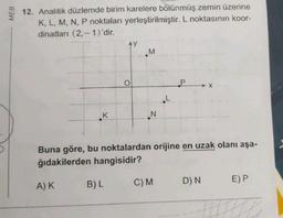 MEB
12. Analitik düzlemde birim karelere bölünmüş zemin üzerine
K, L, M, N, P noktaları yerleştirilmiştir. L noktasının koor-
dinatları (2,- 1)'dir.
K
A) K
N
Buna göre, bu noktalardan orijine en uzak olanı aşa-
ğıdakilerden hangisidir?
B) L
C) M
X
D) N
E) P