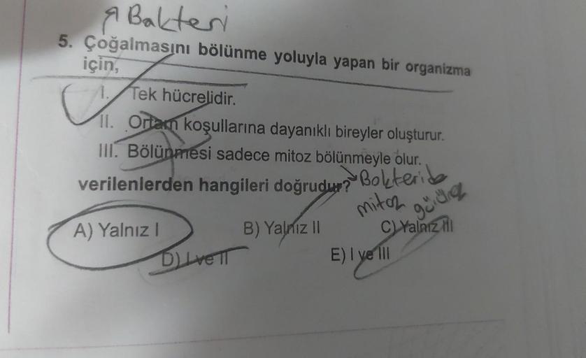 A Bakteri
5. Çoğalmasını bölünme yoluyla yapan bir organizma
için,
1.
a
Tek hücrelidir.
11. Ortam koşullarına dayanıklı bireyler oluşturur.
III. Bölünmesi sadece mitoz bölünmeyle olur.
verilenlerden hangileri doğrudur? Bokteri
mitoz
A) Yalnız I
DILETT
B) Y