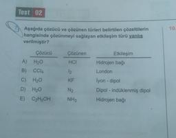 Test 02
Aşağıda çözücü ve çözünen türleri belirtilen çözeltilerin
hangisinde çözünmeyi sağlayan etkileşim türü yanlış
verilmiştir?
Çözücü
A) H₂O
B). CC14
C)
H₂O
D)
H₂O
E)
C₂H5OH
Çözünen
HCI
12
KF
N₂
NH3
Etkileşim
Hidrojen bağı
London
lyon - dipol
Dipol - indüklenmiş dipol
Hidrojen bağı
10.