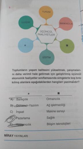 6.
ULAŞIM
A) Balıkçılık
B) Donanım-Yazılım
C) İnşaat
D) Pazarlama
Hayvancılık
TURIZM
MİRAY YAYINLARI
ÜÇÜNCÜL
FAALİYETLER
EĞİTİM
Toplumların yaşam kalitesini yükseltmek, çalışmaları-
ni daha verimli hale getirmek için geliştirilmiş üçüncül
ekonomik faaliyet