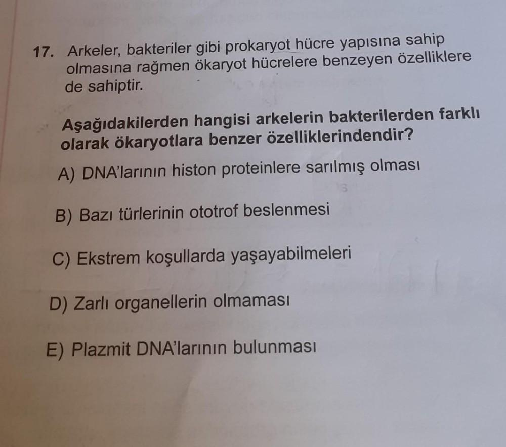 17. Arkeler, bakteriler gibi prokaryot hücre yapısına sahip
olmasına rağmen ökaryot hücrelere benzeyen özelliklere
de sahiptir.
Aşağıdakilerden hangisi arkelerin bakterilerden farklı
olarak ökaryotlara benzer özelliklerindendir?
A) DNA'larının histon prote
