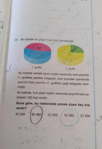 24. Bir kafede bir grup insan tost yemektedir.
160
1. grafik
2. grafik
Bu kafede yemek yiyen kişiler arasında tost yiyenler
1. grafikte pembe bölgeyle, tost yiyenler içerisinde
peynirli tost yiyenler 2. grafikte yeşil bölgeyle veril-
miştir.
B) 480
CACA
(2