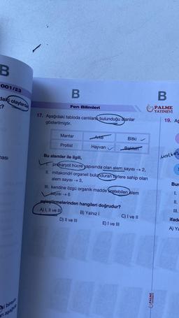 B
001/23
daki olaylardan
ması
ki bireyin
an aşağıda
B
Fen Bilimleri
17. Aşağıdaki tabloda canlıların bulunduğu alanlar
gösterilmiştir.
Mantar
Protist
Arke
Hayvan
Bu alemler ile ilgili,
prokaryot hücre yapısında olan alem sayısı → 2,
II. mitakondri organeli bulunduran türlere sahip olan
alem sayısı →
→ 3,
III. kendine özgü organik madde üretebilen alem
sayısı 6
eşleştirmelerinden hangileri doğrudur?
A) I, II ve III
B) Yalnız i
D) II ve III
Bitki
Bakteri
E) I ve III
✓
C) I ve II
B
PALME
YAYINEVİ
19. Ag
Moltor
Bur
I.
II.
III.
ifade
A) Ya