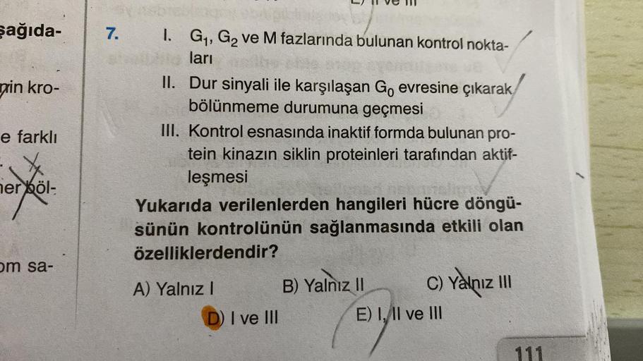 şağıda-
in kro-
e farklı
her böl-
om sa-
7.
305
I. G₁, G₂ ve M fazlarında bulunan kontrol nokta-
ları
II. Dur sinyali ile karşılaşan Go evresine çıkarak
bölünmeme durumuna geçmesi
III. Kontrol esnasında inaktif formda bulunan pro-
tein kinazın siklin prote