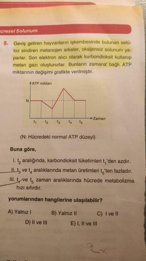 cresel Solunum
8. Geviş getiren hayvanların işkembesinde bulunan selü-
loz sindiren metanojen arkeler, oksijensiz solunum ya-
parlar. Son elektron alıcı olarak karbondioksit kullanıp
metan gazı oluştururlar. Bunların zamana bağlı ATP
miktarının değişimi gr