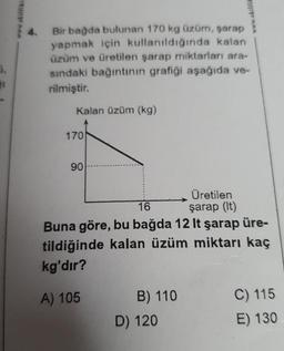 51
4.
Bir bağda bulunan 170 kg üzüm, şarap
yapmak için kullanıldığında kalan
üzüm ve üretilen şarap miktarları ara-
sındaki bağıntının grafiği aşağıda ve-
rilmiştir.
Kalan Üzüm (kg)
170
90
www.akilfik
16
Üretilen
şarap (lt)
Buna göre, bu bağda 12 It şarap üre-
tildiğinde kalan üzüm miktarı kaç
kg'dır?
A) 105
B) 110
D) 120
C) 115
E) 130