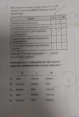 2.
Bitki, hayvan ve bakteri olduğu bilinen K, L ve M
canlılarına ait bazı özellikler, aşağıdaki tabloda
gösterilmiştir.
Özellik
Merkezi koful bulundurma
İğ ipliklerinin sentrozomdan uzanması
Oksijenli solunumu zarlı organelde
gerçekleştirme
Organik besin üretimini sitoplazmada
gerçekleştirme
Işık enerjisini kimyasal bağ enerjisine
çevirme
A) Bitki
B)
C)
D)
E)
K
Hayvan
Bakteri
Bitki
Hayvan
Hayvan
Bakteri
Bitki
(Tabloda "+" özelliğin bulunduğunu, “-” özelliğin
bulunmadığını gösterir.)
L
Bakteri
Bitki
K
Buna göre, K, L.ve M canlılarıyla ilgili yapılan
aşağıdaki eşleştirmelerden hangisi doğrudur?
-
Bitki
M
+
Bakteri
+
-
-
heyve
L
Hayvan
Hayvan
Bakteri
+
T
+
-
+
M
-
-
+
D
est
+