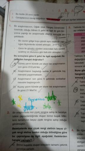 1. Bu testle 20 soru vardır.
2. Cevaplarınızı cevap kâğıdının
AAA, A
BY
testi için ayrılan bölümün
1. Bir araştırmacının, Oğlak veya Yengeç Dönencesi
üzerinde olduğu bilinen K şehri ile ilgili 30 gün bo-
yunca yaptığı bir araştırmada ulaştığı sonuçlar su
ş