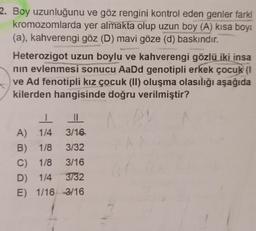 2. Boy uzunluğunu ve göz rengini kontrol eden genler farkl
kromozomlarda yer almakta olup uzun boy (A) kısa boy:
(a), kahverengi göz (D) mavi göze (d) baskındır.
Heterozigot uzun boylu ve kahverengi gözlü iki insa
nın evlenmesi sonucu AaDd genotipli erkek çocuk (1
ve Ad fenotipli kız çocuk (II) oluşma olasılığı aşağıda
kilerden hangisinde doğru verilmiştir?
L
A) 1/4
3/16
B) 1/8 3/32
C) 1/8
3/16
D) 1/4 3/32
E) 1/16 -3/16
GI