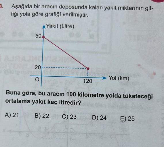 3. Aşağıda bir aracın deposunda kalan yakıt miktarının git-
tiği yola göre grafiği verilmiştir.
Yakıt (Litre)
50
MOVIZAM
NL 20
Bloven
120
Yol (km)
Buna göre, bu aracın 100 kilometre yolda tüketeceği
ortalama yakıt kaç litredir?
A) 21
B) 22
C) 23
D) 24
E) 2