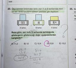 TYT
23. Ölçü birimleri birbirinden farklı olan A ve B tartılarında mavi
ve sarı renkli kutuları kütleleri şekildeki gibi ölçülüyor.
38
13.5
A tartısı
B) 12
18,2
1315
(415
18
Z
B tartısı
Buna göre, sarı kutu B tartısında tartıldığında
göstergenin göstereceği değer aşağıdakilerden
hangisidir?
A) 11,2
C) 12,4
814
415
8.4
12,9
2
A tartısı
D) 12,8
E) 13,2
25. Bin
SIC
As
ve
7
B
S