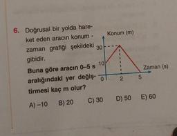 6. Doğrusal bir yolda hare-
ket eden aracın konum -
zaman grafiği şekildeki
gibidir.
30
10
Konum (m)
0
Buna göre aracın 0-5 s
aralığındaki yer değiş-
tirmesi kaç m olur?
A)-10 B) 20 C) 30 D) 50 E) 60
2
Zaman (s)
5