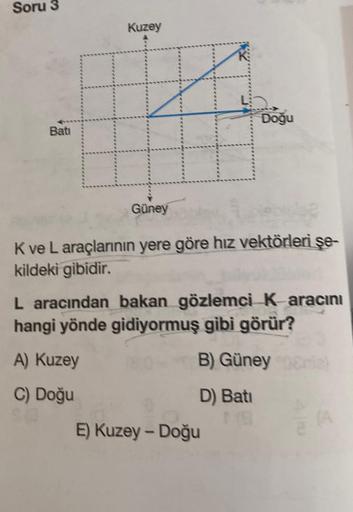 Soru 3
Bati
Kuzey
H
A) Kuzey
C) Doğu
Güney
K ve L araçlarının yere göre hız vektörleri şe-
kildeki gibidir.
Doğu
L aracından bakan gözlemci K aracını
hangi yönde gidiyormuş gibi görür?
B) Güney
D) Bati
E) Kuzey - Doğu
(A