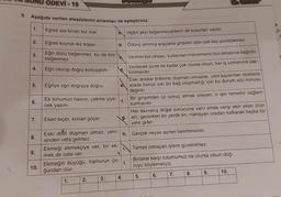 SUNU ÖDEVİ -15
9. Aşağıda verilen atasözlerini anlamları ile eşleştiriniz.
à
b.
1.
2.
3.
4.
5.
6.
7.
8.
9.
10.
Eğreti ata binen tez iner.
Eğreti kuyruk tez kopar.
Eğri düzü beğenmez, bu da bizi
beğenmez.
Eğri oturup doğru konuşalım.
Eğriye eğri doğruya doğru.
Ek tohumun hasını, çekme yiye- f.
cek yasını.
Eken biçer, konan göçer.
Eski dost düşman olmaz, yeni-
sinden vefa gelmez.
Ekmeği ekmekçiye ver, bir ek-
mek de üste ver.
d.
2.
3.
Ekmeğin büyüğü, hamurun ço- i.
ğundan olur.
1.
h.
4.
Hiçbir şeyi beğenmeyenlerin de kusurları vardır.
Ödünç alınmış araçlarla girişilen işler çok kez yürütülemez.
Verimin bol olması, kullanılan malzemenin bol olmasına bağlıdır.
Verilecek ücret ne kadar çok olursa olsun, her iş uzmanına yap-
tırılmalıdır.
g.
Her davranış doğal sonucuna varır emek verip ekin eken ürün
alır, gezerken bir yerde ko- naklayan oradan kalkarak başka bir
yere gider.
Gerçek neyse aynen belirtilmelidir.
Eski dostlar birbirine düşman olmazlar, yeni kazanılan dostlarla
arada henüz sıkı bir bağ oluşmadığı için bu durum söz konusu
değildir.
Bir girişimden iyi sonuç almak isteyen, o işin temelini sağlam
kurmalıdır.
Temeli olmayan işlere güvenilmez.
Birisine karşı tutumumuz ne olursa olsun doğ-
ruyu söylemeliyiz.
5.
6.
7.
8.
9.
10.
nt.
it