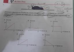 1.
A) Hız (m/s)
20
0
Bir Adım Ötesi
2
4.10.k
yok.
Sürtünmesiz yatay düzlemde durmakta olan oyuncak arabaya 20 N luk yatay kuvvet şekildeki gibi uygulanıyor.
Arabaya kuvvet 2 s süresince etki ettiğine göre, bu süre boyunca arabaya ait hiz-zaman grafiği aşağıdakilerden han-
gisi gibidir?
Zaman (s)
D) Hız (m/s)
10
0
FS-hok.
2
B) Hız (m/s)
5
0
Fs=k · N
4 kg
Zaman (s)
F = 20 N
2
→ Zaman (s)
E) Hız (m/s)
10-
0
C) Hız (m/s)
10-
α = Fret
0
2
2
20N-40k
4
→ Zaman (s)
→ Zaman (s)