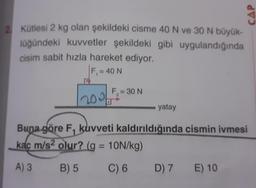 Kütlesi 2 kg olan şekildeki cisme 40 N ve 30 N büyük-
lüğündeki kuvvetler şekildeki gibi uygulandığında
cisim sabit hızla hareket ediyor.
F₁ = 40 N
201
F₁ = 30 N
yatay
CAP
Buna göre F, kuvveti kaldırıldığında cismin ivmesi
kaç m/s2 olur? (g = 10N/kg)
A) 3
B) 5
C) 6 D) 7 E) 10