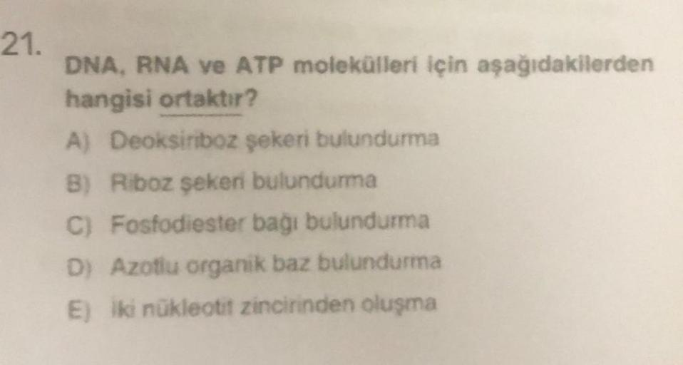 21.
DNA, RNA ve ATP molekülleri için aşağıdakilerden
hangisi ortaktır?
A) Deoksiriboz şekeri bulundurma
B) Riboz şekeri bulundurma
C) Fosfodiester bağı bulundurma
D) Azotlu organik baz bulundurma
E) iki nükleotit zincirinden oluşma