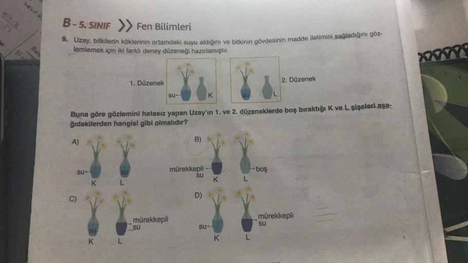 Bun
B-5. SINIF >> Fen Bilimleri
9. Uzay, bitkilerin köklerinin ortamdaki suyu aldığını ve bitkinin gövdesinin madde iletimini sağladığını göz-
lemlemek için iki farklı deney düzeneği hazırlamıştır.
A)
C)
SU-
SU
K
Buna göre gözlemini hatasız yapan Uzay'ın 1