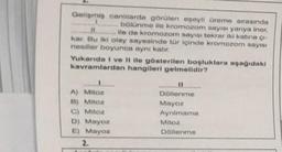 Gelişmiş canlilarda görülen eşeyli üreme sırasında
.... bölünme ile kromozom sayısı yarıya iner,
... ile de kromozom sayısı tekrar iki katına çi-
kar. Bu iki olay sayesinde tür içinde kromozom sayısı
nesiller boyunca aynı kalır.
Yukarıda I ve II ile gösterilen boşluklara aşağıdaki
kavramlardan hangileri gelmelidir?
A) Mitoz
B) Mitoz
C) Mitoz
D) Mayoz
Mayoz
2.
Döllenme
Mayoz
Aynılmama
Mitoz
Döllenme