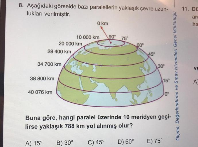 8. Aşağıdaki görselde bazı paralellerin yaklaşık çevre uzun-
lukları verilmiştir.
28 400 km
34 700 km
38 800 km
20 000 km
40 076 km
0 km
10 000 km
90° 75°
60°
45°
30°
15°
E) 75°
0°
Buna göre, hangi paralel üzerinde 10 meridyen geçi-
lirse yaklaşık 788 km y