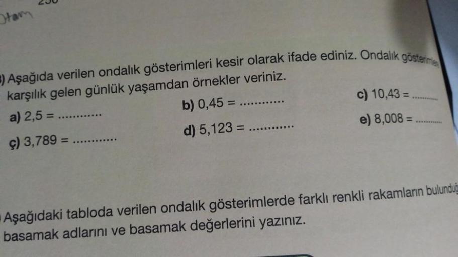 Stam
230
) Aşağıda verilen ondalık gösterimleri kesir olarak ifade ediniz. Ondalık gösterime
karşılık gelen günlük yaşamdan örnekler veriniz.
a) 2,5 =
b) 0,45 = .
c) 3,789 = ...
d) 5,123 = ....
c) 10,43=
e) 8,008 =
*******
Aşağıdaki tabloda verilen ondalık