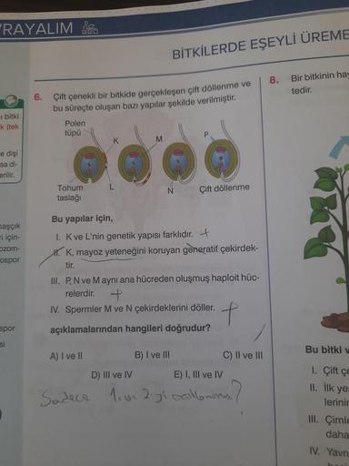 RAYALIM
bitki
k (tek
e dişi
sa di-
erilir.
başçık
-i için-
ozom-
ospor
spor
si
6.
Çift çenekli bir bitkide gerçekleşen çift döllenme ve
bu süreçte oluşan bazı yapılar şekilde verilmiştir.
Polen
tüpü
Tohum
taslağı
K
A) I ve II
Sadece
M
BİTKİLERDE EŞEYLİ ÜRE