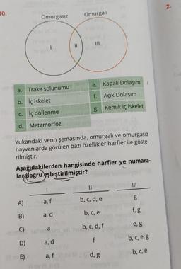 10.
a.
Omurgasız
1
b. İç iskelet
c. İç döllenme
d. Metamorfoz
A)
B)
C)
D)
Trake solunumu
MOVE)
||
(0
Yukarıdaki venn şemasında, omurgalı ve omurgasız
hayvanlarda görülen bazı özellikler harfler ile göste-
rilmiştir.
1
a, fund
a, d
Omurgalı
Aşağıdakilerden hangisinde harfler ve numara-
lar doğru eşleştirilmiştir?
C
a, d
a, f
|||
e. Kapalı Dolaşım
f.
Açık Dolaşım
g. Kemik iç iskelet
b, c, d, e
b, c, e
b, c, d, f
f
d, g
6.0
g
f, g
e, g
b, c, e, g
b, c, e
2.