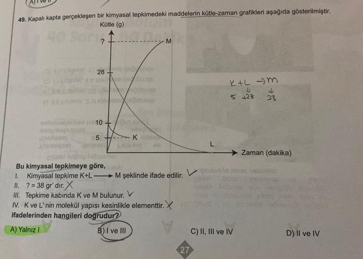 49. Kapalı kapta gerçekleşen bir kimyasal tepkimedeki maddelerin kütle-zaman grafikleri aşağıda gösterilmiştir.
Kütle (g)
40 Sort, 1
?
LIST 4 28-
CREARE
VI 30 E
secourse 10 -
ABUGARI
208
5
Gouqu
dibuan
efaruqu
---- KOS
LISBOL As
M
Bu kimyasal tepkimeye gör