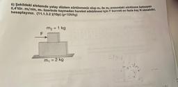 6) Şekildeki sistemde yatay düzlem sürtünmesiz olup m, ile m2 arasındaki sürtünme katsayıs
0,4'tür. m₂'nin, m, üzerinde kaymadan hareket edebilmesi için F kuvveti en fazla kaç N olmalıdır,
hesaplayınız. (11.1.3.2 )(10p) (g=10N/kg)
F
m₂ = 1 kg
m₁ = 2 kg
SAG/2