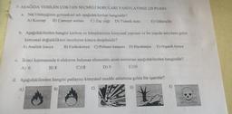 7-AŞAĞIDA VERİLEN ÇOKTAN SEÇMELİ SORULARI YANITLAYINIZ (20 PUAN)
a. NaCl bileşiğinin geleneksel adı aşağıdakilerden hangisidir?
A) Kezzap B) Çamaşır sodası C) Zaç yağı D) Yemek tuzu
b. Aşağıdakilerden hangisi karbon ve bileşiklerinin kimyasal yapısını ve bu yapıda meydana gelen
kimyasal değişiklikleri inceleyen kimya disiplinidir?
A) Analitik kimya
B) Fizikokimya C) Polimer kimyası D) Biyokimya E) Organik kimya
E) Güherçile
c. İkinci katmanında 6 elektron bulunan elementin atom numarası aşağıdakilerden hangisidir?
A) 6
B) 8
C)18
D) 9
E)10
d. Aşağıdakilerden hangisi patlayıcı kimyasal madde anlamına gelen bir işarettir?
B)
C)
A)
D)
E)