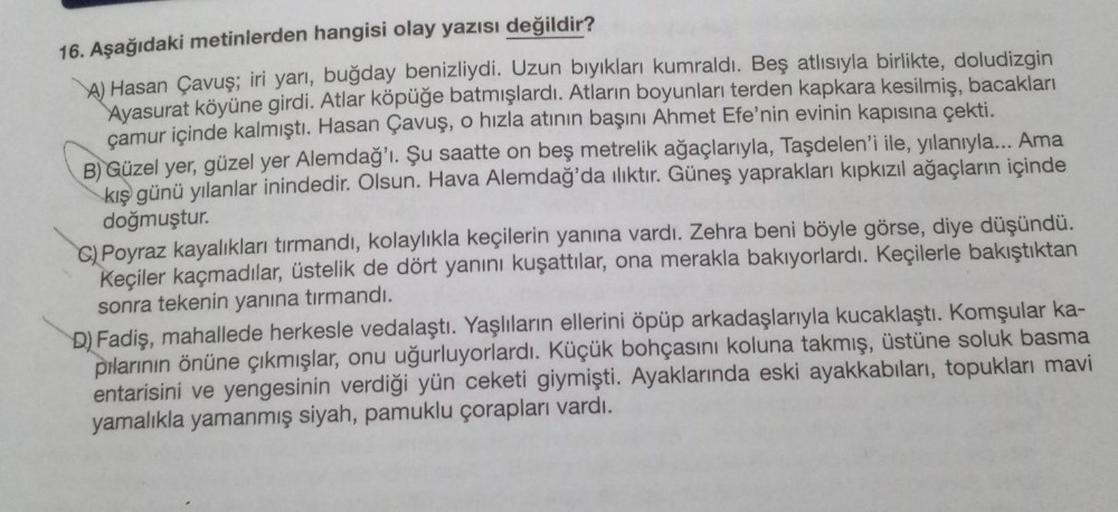 16. Aşağıdaki metinlerden hangisi olay yazısı değildir?
A) Hasan Çavuş; iri yarı, buğday benizliydi. Uzun bıyıkları kumraldı. Beş atlısıyla birlikte, doludizgin
Ayasurat köyüne girdi. Atlar köpüğe batmışlardı. Atların boyunları terden kapkara kesilmiş, bac