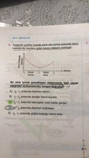 AYT/BİYOLOJİ
5. Aşağıdaki grafikte insanda soluk alıp verme sırasında karın
boşluğunda meydana gelen basınç değişimi verilmiştir.
Karın boşluğu
basıncı
to Soluk t₁ Soluk
alma
verme
Zaman
eyes
Bu süre içinde gerçekleşen değişimlerle ilgili olarak
aşağıdaki
