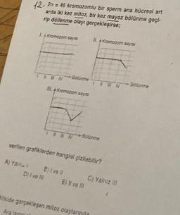 12. 2n = 46 kromozomlu bir sperm ana hücresi art
arda iki kez mitoz, bir kez mayoz bölünme geçi-
rip döllenme olayı gerçekleşirse;
I. A Kromozom sayısı
INV
-Bölünme
III. A Kromozom sayısı
#N
II. Kromozom sayısı
-Bölünme
E) II ve III
#IV
verilen grafiklerden hangisi çizilebilir?
A) Yainz 1 2) I ve It
Dil ve Ill
Bitkide gerçekleşen mitoz olaylarında
Ara lama
C) Yalnız III
Bölünme