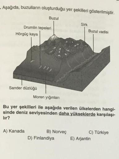 - Aşağıda, buzulların oluşturduğu yer şekilleri gösterilmiştir.
Buzul
Drumlin tepeleri
Hörgüç kaya
Sander düzlüğü
11
A) Kanada
Moren yığınları
Bu yer şekilleri ile aşağıda verilen ülkelerden hangi-
sinde deniz seviyesinden daha yükseklerde karşılaşı-
lır?
