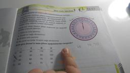 A)
420
Apagidaki görselde bir kasanın şifre mekanizmasına yer verilmiştir.
ve sola çevrilmesiyle açılmaktadır. Bu mekanizmada 30 bi-
Kass, önceden belirlenen şifrenin mekanizma üzerinde sağa
nim, çeyreği; 60 birim, yarımı ifade etmektedir. Kasayı açmak
için 0 (sifir) noktasında bulunan ok, sırasıyla aşağıdaki yö-
nergeler takip edilerek hareket ettirilmelidir.
Ahmet yeni aldığı kasaya şifresi oluşturmak için aşağıdaki
işlemleri sırasıyla yapmıştır:
L. Yarım tur sola çeviriniz.
II. Çeyrek tur sağa döndürünüz.
III. 20 birim sola çevriniz.
IV. Bir yarım tur birde 10 birim sağa döndürünüz.
Buna göre Ahmet'in kasa şifresi aşağıdakilerden hangisidir?
1
I
60
60
AUSSERS
1328
60
60
11
90
30
90
90
|||
110
50
70
70
Görsel/Grafik/Tablo Okuma
IV
20
120
20
10
Isteyen Zeka Ya
K
Sol
105
100
95
90
85
110 ¹15 120 5 10
1. TEST
www
75
80
60
65 60
15
Sağ
20
50
25
30
35
40
45
30 50