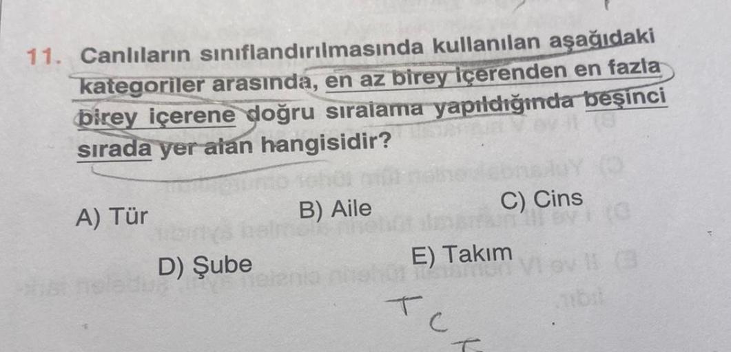 11. Canlıların sınıflandırılmasında kullanılan aşağıdaki
kategoriler arasında, en az birey içerenden en fazla
birey içerene doğru sıralama yapıldığında beşinci
sırada yer alan hangisidir?
A) Tür
D) Şube
B) Aile
C) Cins
E) Takım
XUX
(0