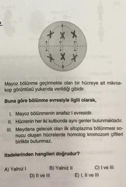 ↑
Mayoz bölünme geçirmekte olan bir hücreye ait mikros-
kop görüntüsü yukarıda verildiği gibidir.
Buna göre bölünme evresiyle ilgili olarak,
1. Mayoz bölünmenin anafaz I evresidir.
II. Hücrenin her iki kutbunda aynı genler bulunmaktadır.
III. Meydana gelecek olan ilk sitoplazma bölünmesi so-
nucu oluşan hücrelerde homolog kromozom çiftleri
birlikte bulunmaz.
ifadelerinden hangileri doğrudur?
A) Yalnız I
B) Yalnız II
D) II ve III
C) I ve Ill
E) I, II ve III